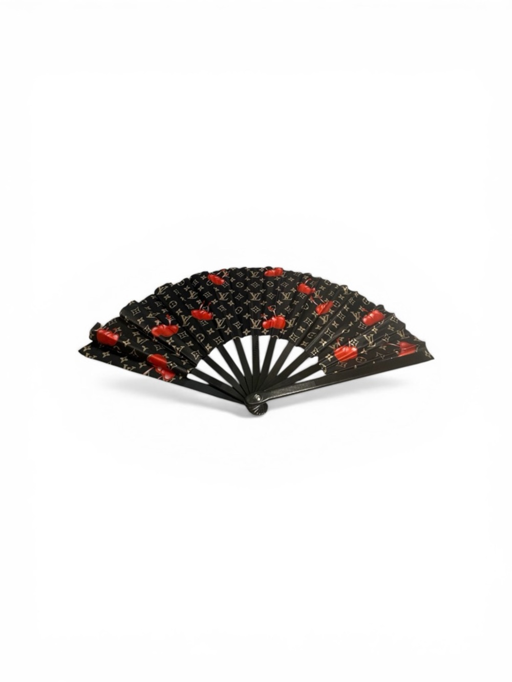 Luxury Inspired Black Folding Hand Fan with Red Cherry Accents